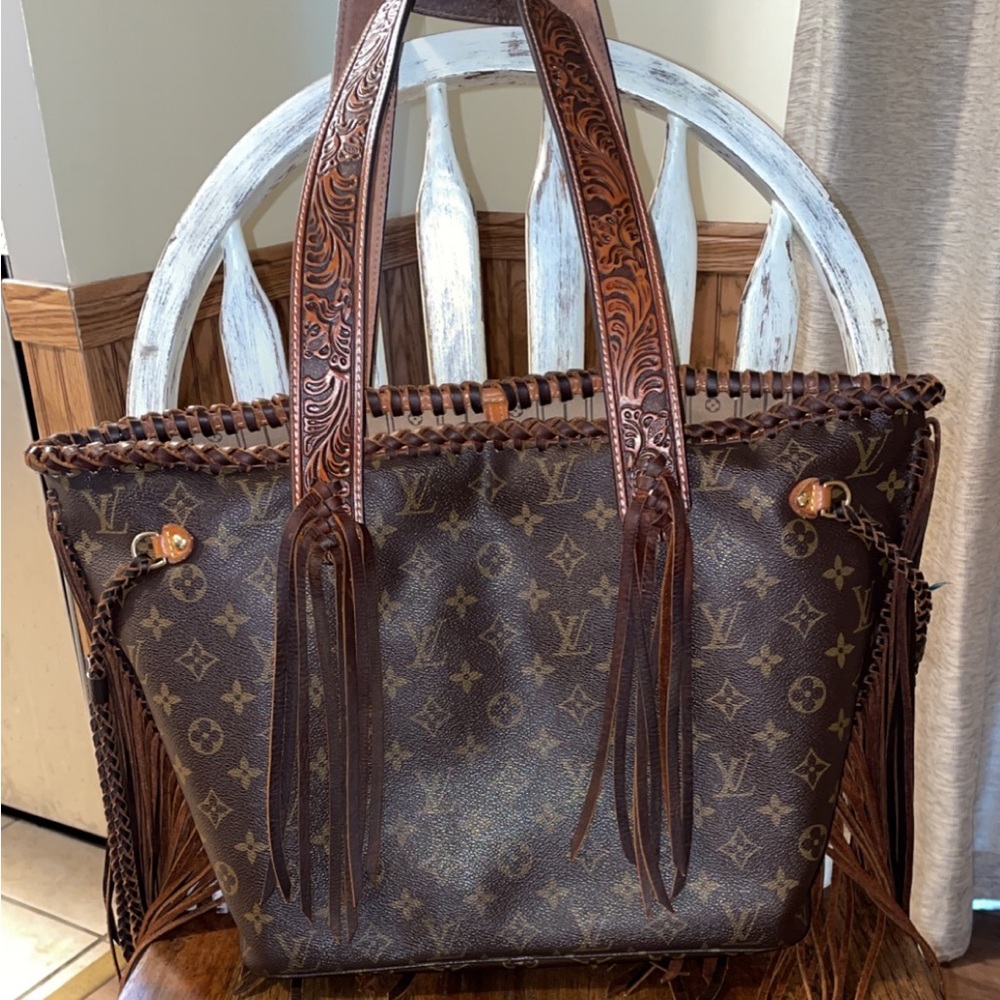 Revamped Authentic LV Neverfull MM, with lots of fringe and cowhide patches